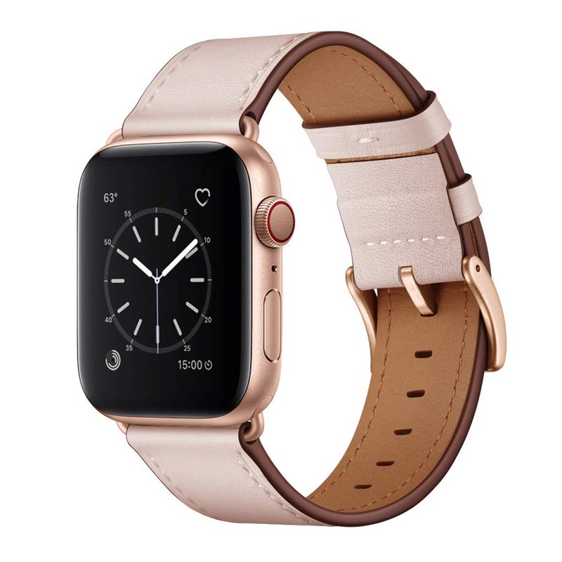 OUHENG Leather Bands Compatible with Apple Watch Band 49mm/46mm/45mm/44mm/42mm, Genuine Leather Strap for iWatch Series 11/10/9/8/7/6/5/4/3/2/1 & Ultra 3/2/1 & SE3 SE2 SE, Pink Sand/Rose Gold - Image 1